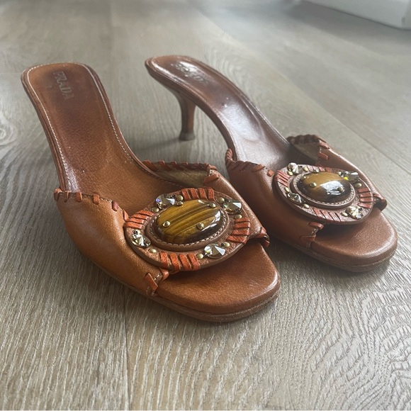 Prada Leather & Tigers Eye Kitten Heels - Picture 1 of 7